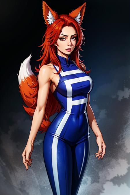 09719-686391587-absurdres, highres, best quality,  1girl, standing, red hair, fox ears, myheroacedamia outfit, blue jumpsuit,.png